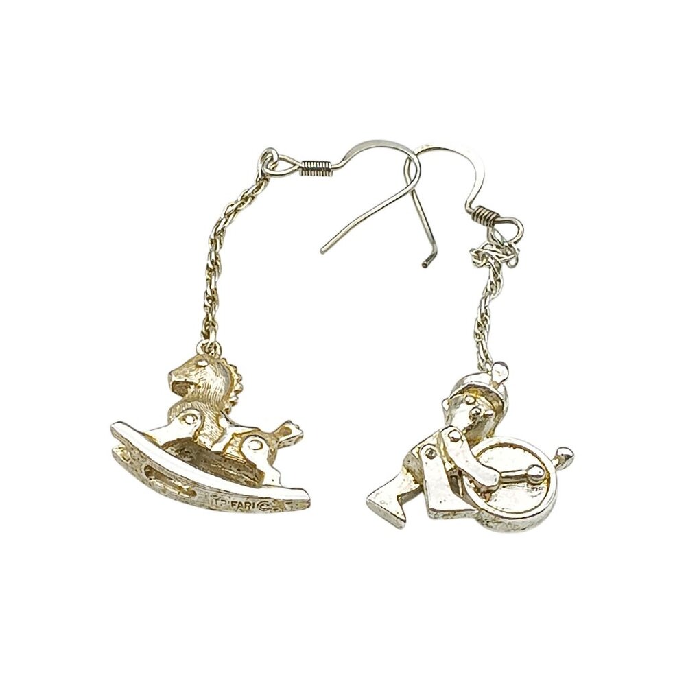 Crown Trifari Vintage Silver Tone Dangling Earrings with Rocking Horse & Drummer